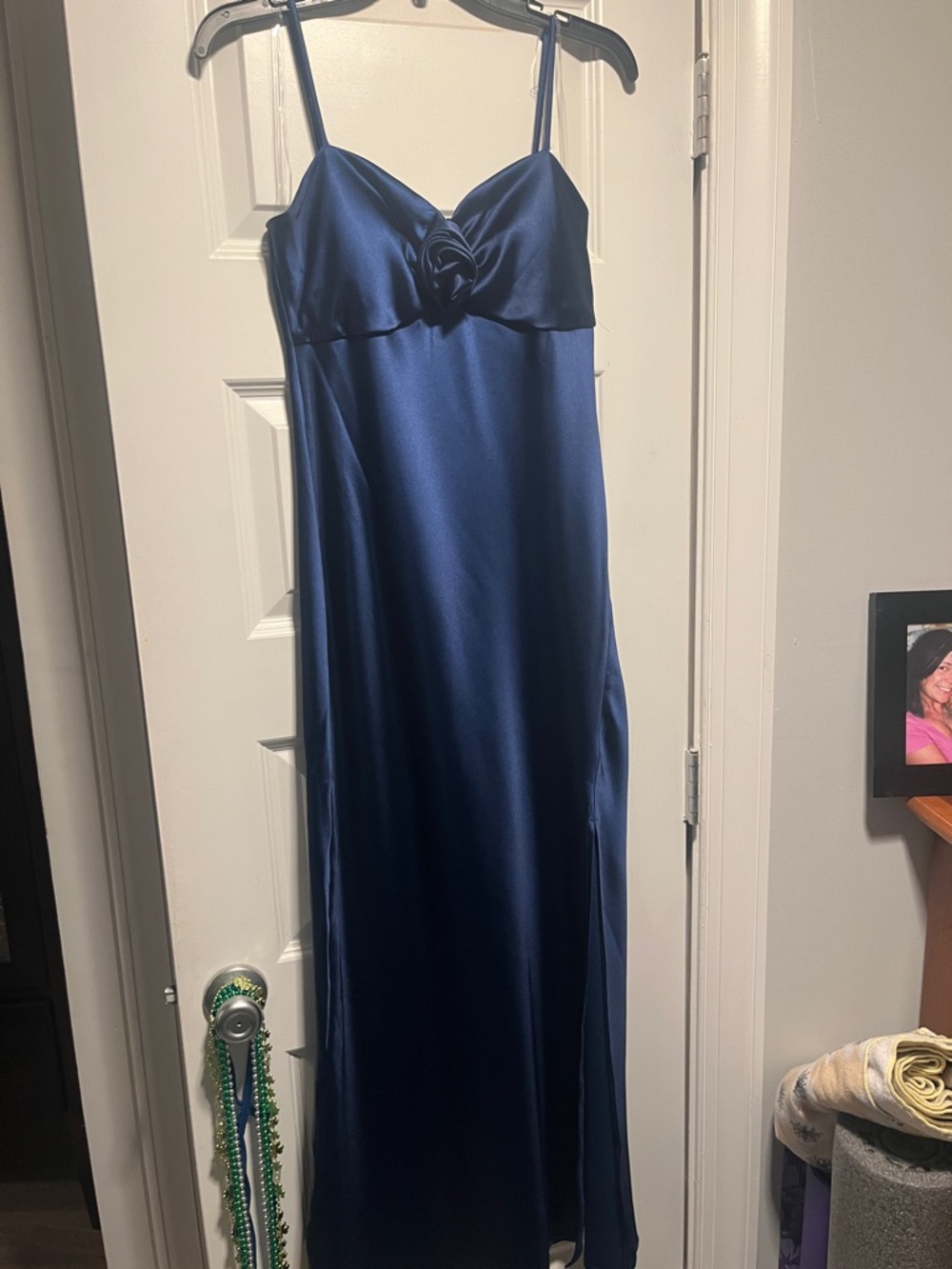 Emerald Sundae Navy Blue Satin Maxi Slip Dress with Rosette
